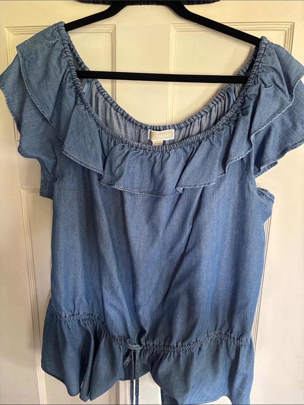 MICHAEL Michael Kors Light Blue Chambray Off-Shoulder Ruffle Top